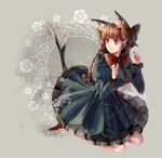  animal_ears bangs black_bow bow braid breasts cat cat_ears cat_tail dress fingernails floral_background frilled_dress frills green_dress hair_bow juliet_sleeves kaenbyou_rin long_hair long_sleeves looking_back medium_breasts multiple_tails paw_pose puffy_long_sleeves puffy_sleeves red_bow red_eyes red_hair silence_girl solo tail touhou twin_braids 