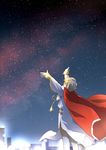  blonde_hair cape fate/stay_night fate_(series) gilgamesh male_focus outstretched_arms pinki_(shounenkakuseiya) sky solo star_(sky) starry_sky 