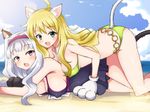  animal_ears beach bikini blonde_hair breasts cat_ears cat_tail chro_(rulurullu) covered_nipples day gloves green_eyes hairband highres hoshii_miki idolmaster idolmaster_(classic) long_hair lying medium_breasts multiple_girls o-ring o-ring_belt on_stomach paw_gloves paws red_eyes shijou_takane silver_hair smile swimsuit tail 