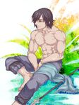  abs bad_id bad_pixiv_id dragon's_dogma highres inuhiko_(istdog) muscle older polearm shirtless sitting spear valmiro weapon wet 