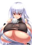  1girl artist_request breast_expansion breasts bursting_breasts cup female gigantic_breasts long_hair red_eyes silver_hair 
