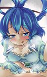  1girl :p assertive blue_eyes blue_hair blush breasts covered_nipples cowgirl_position dress girl_on_top guided_penetration hair_ornament hair_rings hair_stick hetero highres kaku_seiga konata_gazel large_breasts penis sex short_hair smile solo_focus straddling tongue tongue_out touhou vaginal vest 