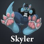 ben_the_dragon black_hair blue_fur claws clothing fur hair hindpaw lying on_back pawpads paws plain_background simple_background skyler toe_claws toes 