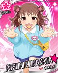  bag card_(medium) character_name claw_pose double_bun flower flower_(symbol) hair_flower hair_ornament idolmaster idolmaster_cinderella_girls kindergarten_bag kindergarten_uniform munakata_atsumi official_art open_mouth pacifier shoes solo 