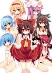  :p alice_margatroid apron ascot bat_wings bikini black_bikini blonde_hair blue_hair blush bow breast_hold breasts brown_hair cleavage detached_sleeves hair_bobbles hair_bow hair_ornament hair_tubes hairband hakurei_reimu hat head_wings heterochromia kawashiro_nitori koakuma large_breasts lifted_by_self long_hair maturiuta_sorato multiple_girls naked_apron open_mouth patchouli_knowledge purple_eyes purple_hair red_eyes red_hair reiuji_utsuho revision short_hair simple_background skirt skirt_lift smile swimsuit tatara_kogasa tongue tongue_out touhou two_side_up white_background wings 