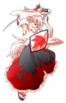  alphes_(style) animal_ears bare_shoulders dairi full_body hat highres inubashiri_momiji katana looking_at_viewer one_eye_closed parody pom_pom_(clothes) red_eyes shield shirt short_hair silver_hair solo style_parody sword tail tokin_hat touhou transparent_background weapon white_shirt wolf_ears wolf_tail 