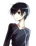  black_eyes black_hair black_shirt closed_mouth collarbone eyebrows_visible_through_hair hair_between_eyes jianmo_sl kirito long_sleeves looking_to_the_side male_focus shirt simple_background sword_art_online upper_body white_background 