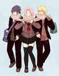  2boys alternate_costume black_hair black_legwear blonde_hair closed_eyes contemporary full_body haruno_sakura multiple_boys naruto naruto_(series) naruto_shippuuden open_mouth pink_hair ram_(papimoci) scarf school_uniform serafuku shared_scarf short_hair skirt smile snow team7 thighhighs uchiha_sasuke uzumaki_naruto 