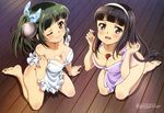  :d absurdres apron barefoot between_breasts black_hair breasts brown_eyes cleavage eiyuuzaki_rin food fruit hairband highres kanojo_ga_flag_wo_oraretara kataoka_iku ladle large_breasts legs long_hair megami mole mole_under_eye multiple_girls naked_apron non-web_source official_art one_eye_closed open_mouth shoukanji_kikuno smile strawberry 