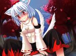  1girl animal_ears autumn_leaves bare_shoulders blush breasts detached_sleeves forest hat inubashiri_momiji leaf looking_down medium_breasts nature pom_pom_(clothes) red_eyes shirt short_hair silver_hair sitting sitting_on_person skirt tail tail_wagging tokin_hat touhou tree white_shirt wolf_ears wolf_tail 
