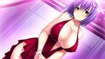  amakura blush breasts center_opening cleavage curtains dress dutch_angle game_cg hair_ornament highres huge_breasts jewelry necklace nishinomiya_yuuri purple_hair red_dress short_hair solo umisora_no_fragments yellow_eyes 