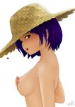  2013 acerbi blue_hair breasts bug commentary_request dated hat insect ladybug lips looking_at_viewer motion_lines nipples nude open_mouth original simple_background solo sun_hat white_background 