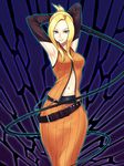  akashingo_(rotampel) armpits arms_behind_head belt blonde_hair blue_eyes breasts chain elbow_gloves final_fantasy final_fantasy_viii gloves looking_at_viewer medium_breasts multicolored multicolored_background navel quistis_trepe solo whip zipper 