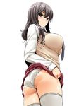  ass black_eyes blush breasts brown_hair cardigan from_behind lace lace-trimmed_panties lace-trimmed_thighhighs large_breasts long_hair looking_back mikemono_yuu necktie original panties pleated_skirt school_uniform skirt skirt_lift solo sweat thighhighs underwear white_legwear white_panties 