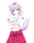  animal_ears bandages bare_shoulders blush breasts crossed_arms hat highres inubashiri_momiji kuroleo looking_at_viewer looking_down medium_breasts midriff navel pom_pom_(clothes) shirt short_hair silver_hair skirt solo tail tokin_hat touhou white_shirt wolf_ears wolf_tail yellow_eyes 