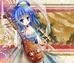  album_cover blue_eyes blue_hair breasts cover dress hair_ornament hair_rings hayata_aya instrument kaku_seiga lute_(instrument) medium_breasts open_mouth shawl short_hair smile solo touhou 