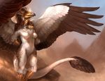  breasts chinese_dragon dragon egyptian_vulture eva_(ozawk) female horn looking_at_viewer nude outside rhyu smile solo unknown_species wings 