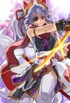  animal_ears eyepatch fox_ears fox_tail horns katana kuon_(shinrabanshou) leg_up long_hair multiple_tails ninja ponytail ran'ou_(tamago_no_kimi) red_eyes scarf sheath sheathed shinrabanshou silver_hair solo sword tail thighhighs weapon white_legwear 