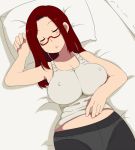  aaa_(nisetsuru) bare_arms bed breasts cleavage erect_nipples eyes_closed from_above glasses highres large_breasts legs long_hair lying navel panties panties_under_pantyhose pantyhose parted_lips pillow red-framed_eyewear red_hair semi-rimless_eyewear sleeping sleeveless solo thighs underwear 