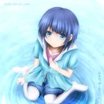  black_hair blue_eyes highres husky_(artist) nagi_no_asukara pantyhose shiodome_miuna short_hair shorts sitting wariza water 