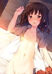  black_hair blush bottomless breasts collarbone convenient_censoring groin highres lying navel on_back on_bed open_clothes open_mouth open_shirt original out-of-frame_censoring red_eyes saliva shiratori_senri shirt small_breasts solo sweat tears yuuri_nayuta 