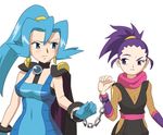  anzu_(pokemon) aqua_eyes aqua_hair artist_request big_hair bound_together breasts cape chain cuffs eye_contact handcuffs ibuki_(pokemon) large_breasts long_hair looking_at_another multiple_girls pokemon purple_eyes purple_hair simple_background small_breasts white_background 