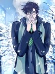  atsuyu bad_id bad_pixiv_id bespectacled black_hair blue_eyes breath caesar_anthonio_zeppeli covering_face glasses highres jojo_no_kimyou_na_bouken male_focus necktie scarf snow snowing solo tree winter_clothes 