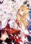  animal_ears blonde_hair cherry_blossoms fox_ears fox_tail hair_tubes japanese_clothes long_hair long_sleeves looking_at_viewer nontraditional_miko original petals riolabo shirt skirt solo tail tree very_long_hair wide_sleeves yellow_eyes 