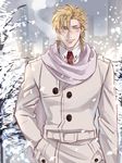  atsuyu bad_id bad_pixiv_id blonde_hair caesar_anthonio_zeppeli facial_mark green_eyes highres jojo_no_kimyou_na_bouken male_focus scarf snow snowing solo tree trench_coat winter_clothes 