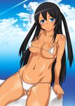  bikini black_hair blue_eyes blush breasts captain_earth cleavage cloud covered_nipples dark_skin day highres large_breasts long_hair micro_bikini mudou_eichi mutou_hana navel shiny shiny_skin sitting sky solo swimsuit translation_request two_side_up 