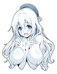  atago_(kantai_collection) between_breasts blue breasts commentary_request hand_between_breasts hat inverted_nipples kantai_collection large_breasts long_hair monochrome nipples open_mouth puffy_nipples shin_(sin-maniax) simple_background solo white_background 