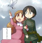  1girl arctic_tern bird brown_hair copyright_request couple dress feathers kyurara locked_arms long_hair looking_up open_mouth outstretched_hand pointing slit_pupils smile translation_request uniform very_long_hair 