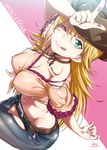  :p ;p belt blonde_hair blue_eyes breasts chaps cleavage cowboy_hat from_above groin hat hoshii_miki idolmaster idolmaster_(classic) inu_(aerodog) large_breasts long_hair looking_at_viewer midriff one_eye_closed panties pants panty_peek purple_panties sitting solo tongue tongue_out underwear western 