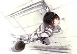  black_eyes black_hair bob_cut bodysuit floating headwear_removed helmet helmet_removed holding holding_helmet hoshijiro_shizuka looking_at_viewer moriyama_yuuki pilot_suit science_fiction short_hair sidonia_no_kishi smile solo spacesuit wall zero_gravity 