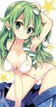  arm_up armpits bent_over bikini blue_eyes blush breasts cleavage frog_hair_ornament green_hair hair_between_eyes hair_ornament kochiya_sanae large_breasts long_hair looking_at_viewer maturiuta_sorato navel shiny shiny_skin smile solo star strap_gap swimsuit touhou white_bikini 