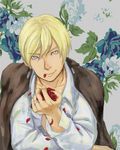  aqua_eyes azu_(bnpsikyu6935-he) bad_id bad_pixiv_id blonde_hair flower jewelry looking_at_viewer male_focus mount_parade mouth_hold petals ring shirt solo 