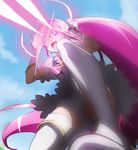  aino_megumi beams boots cloud cure_lovely day eye_beam happinesscharge_precure! haruyama_kazunori kneeling long_hair magical_girl open_mouth pink_eyes pink_hair ponytail precure sky solo thigh_boots thighhighs very_long_hair white_legwear wide_ponytail 