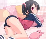  ass black_hair casual hair_ornament hair_scrunchie jacket k10k love_live! love_live!_school_idol_project lying on_stomach patterned print_scrunchie print_shorts red_eyes scrunchie shorts socks star star_print striped striped_legwear stuffed_animal stuffed_toy track_jacket twintails yazawa_nico 