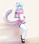  2014 anthro black_nose blacky-moon blue_eyes blue_hair blush clothed clothing erection feline girly hair leopard long_hair male mammal penis presenting_penis resine sitting snow_leopard stockings 