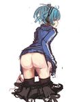  anus ass black_legwear blue_eyes blue_hair ene_(kagerou_project) from_behind headphones highres jacket kagerou_project panties_(pantsu-pirate) pussy short_hair skirt skirt_pull solo thighhighs track_jacket two_side_up 