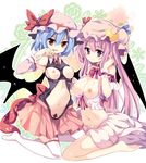  armpits bare_shoulders barefoot blue_hair breasts brooch choker cleavage demon_tail detached_sleeves fang hat jewelry jpeg_artifacts kneeling large_breasts maturiuta_sorato medium_breasts midriff multiple_girls navel nipples patchouli_knowledge purple_eyes purple_hair red_eyes remilia_scarlet sitting smile tail thighhighs top_pull touhou wariza white_legwear wings wrist_cuffs 