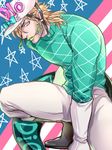  american_flag atsuyu bad_id bad_pixiv_id blonde_hair boots diego_brando flag_background gloves green_lipstick green_shirt hat jojo_no_kimyou_na_bouken lipstick makeup male_focus scales scary_monsters_(stand) shirt solo stand_(jojo) steel_ball_run sweater tail turtleneck 