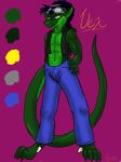  anthro barefoot claws clothed clothing eyewear frozen_over goggles hair jeans lizard looking_at_viewer male model_sheet mohawk reptile scalie solo standing toe_claws toes vest vex 