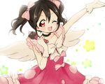 ;d akakokko black_hair bow choker dress frills gloves hair_bow love_live! love_live!_school_idol_project lowres microphone one_eye_closed open_mouth pink_dress red_dress red_eyes short_hair smile solo star striped striped_legwear twintails vertical-striped_legwear vertical_stripes white_gloves wings yazawa_nico 