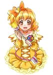  blonde_hair blush choker cure_pine dress earrings eyelashes fresh_precure! from_side hair_ornament hair_ribbon half_updo happy jewelry looking_at_viewer magical_girl open_mouth orange_choker ponytail precure ribbon short_hair simple_background smile solo wavy_hair white_background wrist_cuffs x0000x yamabuki_inori yellow_dress yellow_eyes 