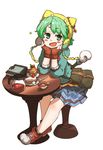  :d amonitto atelier_(series) atelier_shallie bag bare_legs blue_shirt blue_skirt blush book cake chin_rest coffee coffee_pot cup fingerless_gloves food fork fruit full_body gloves green_eyes green_hair hat mont_blanc_(food) open_mouth plaid plaid_skirt shallotte_elminus shirt shoes short_hair sitting skirt smile solo strawberry table 