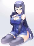  \m/ blush breasts china_dress chinese_clothes covered_nipples dress elbow_gloves gloves kurosaka_miori large_breasts long_hair looking_at_viewer myouan original purple_hair sitting smile solo thighhighs 