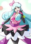  :d bakusai black_legwear blue_eyes blue_hair bow cowboy_shot dress elbow_gloves gloves hair_bow happinesscharge_precure! hosshiwa long_hair microphone music open_mouth pantyhose pink_bow pink_dress precure ribbon simple_background singing smile solo standing very_long_hair white_background 