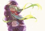  green_hair hand_in_pocket hand_on_own_head highres hood hoodie kagerou_project kido_tsubomi long_hair purple_eyes simple_background solo tokigi_akira 