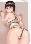  1girl against_wall ass ayumu_(zenkou) blush breasts brown_eyes brown_hair butt_crack cameltoe crotch dated female from_behind large_breasts leaning lips looking_at_viewer looking_back nipples open_mouth outside_border outside_of_border panties pixiv_manga_sample pov_ass short_hair solo sports_bra standing underwear zenkou 